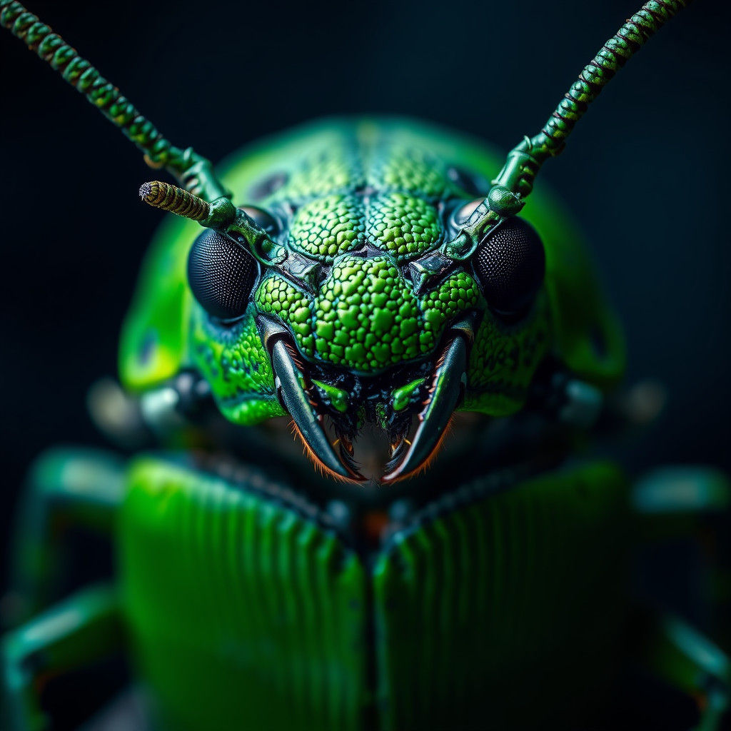 Hyperrealistic Green Beetle Portrait in Macro Detail