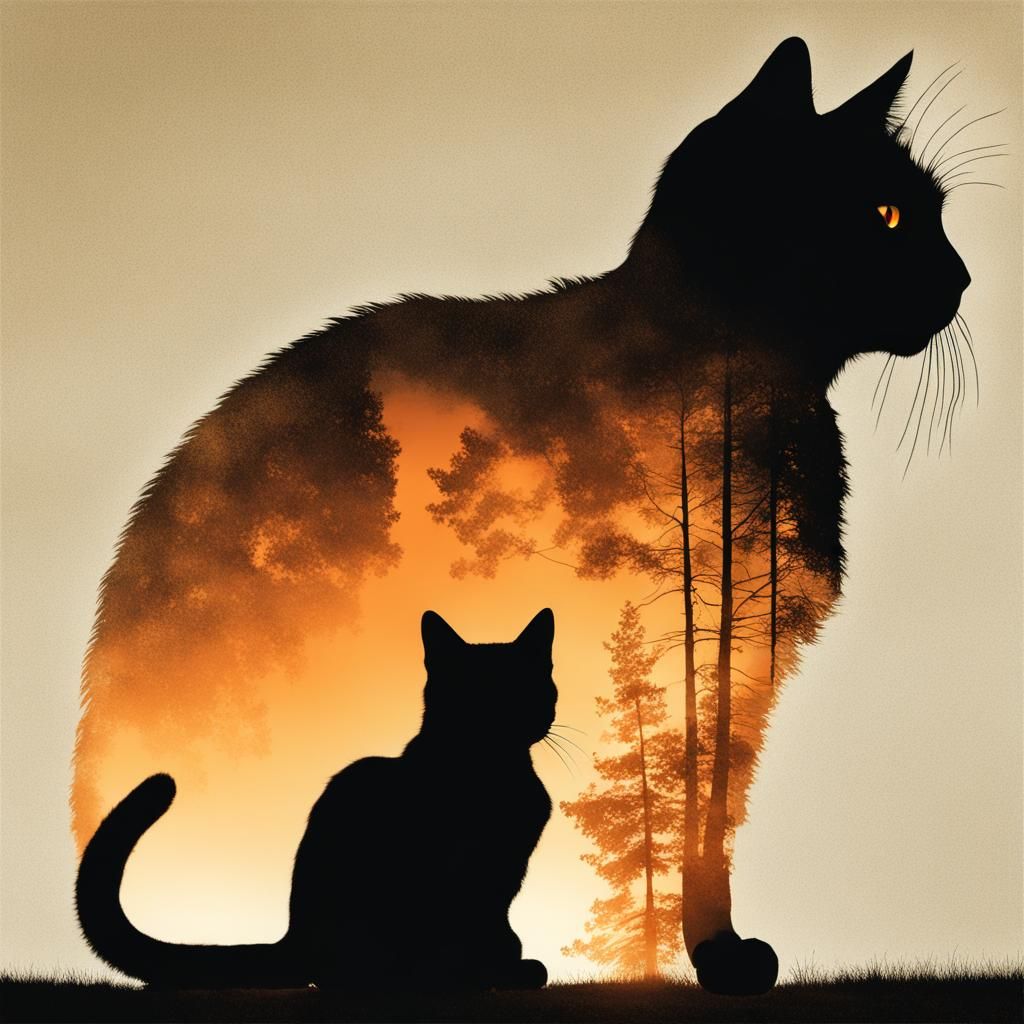 Fiery Cat Silhouette in Double Exposure Style