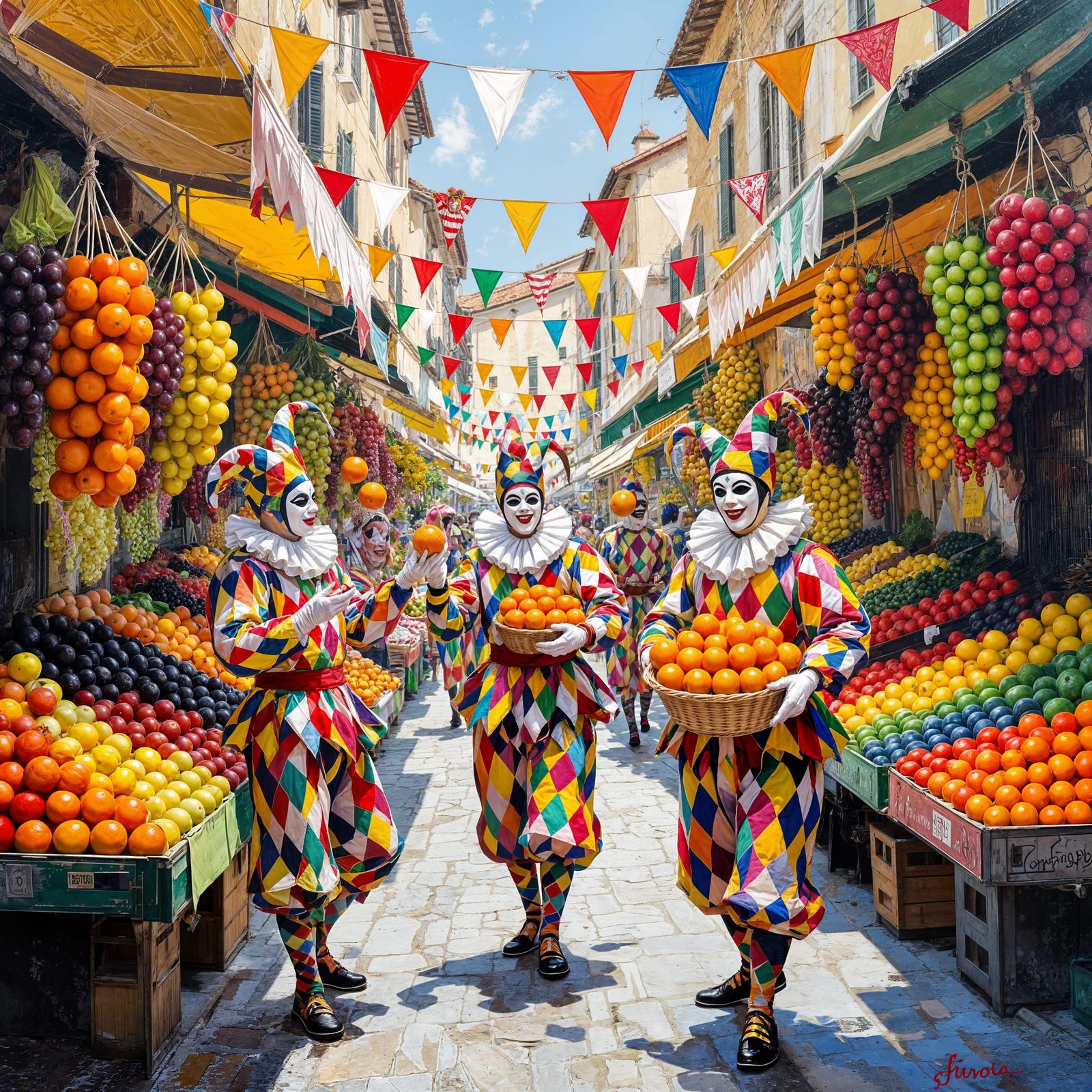 Harlequin Men Sell Fruit in Colorful Italian Market