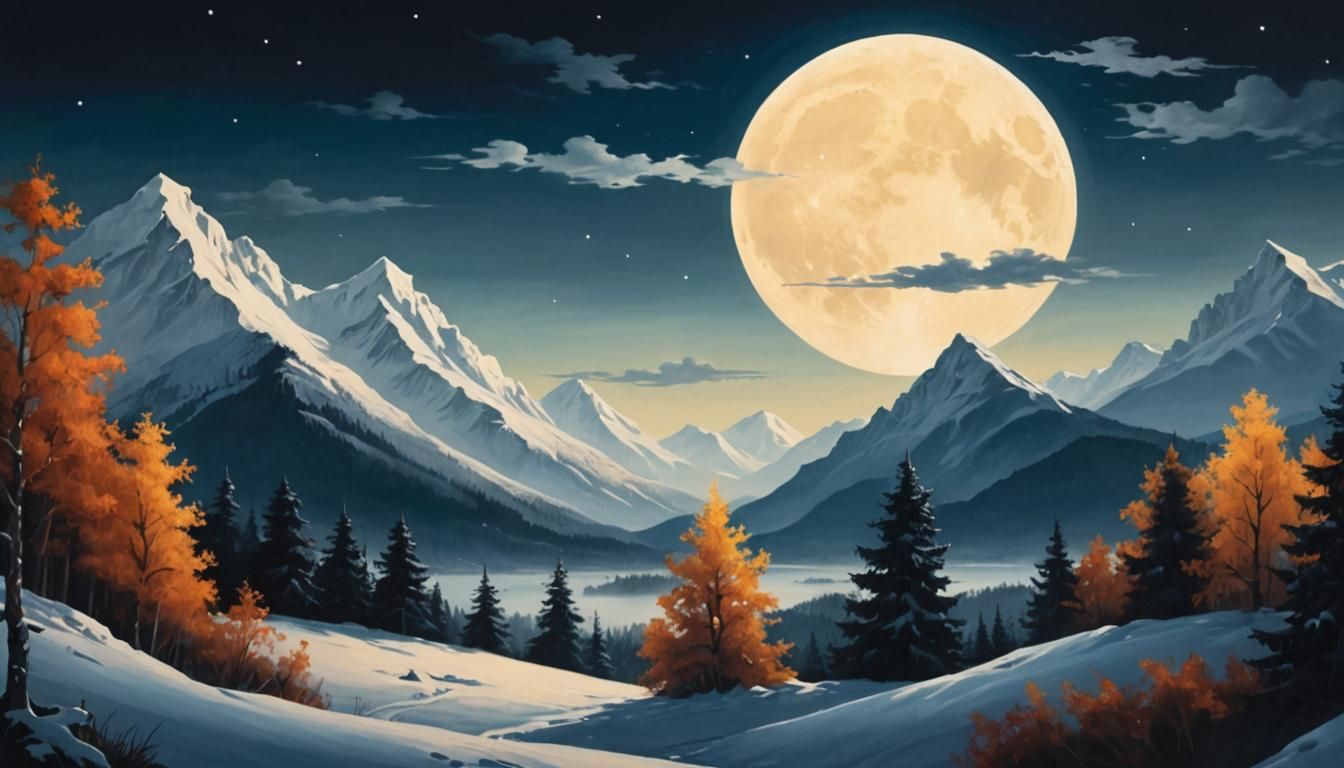 Baroque Snowy Mountain Scene Under Full Moon
