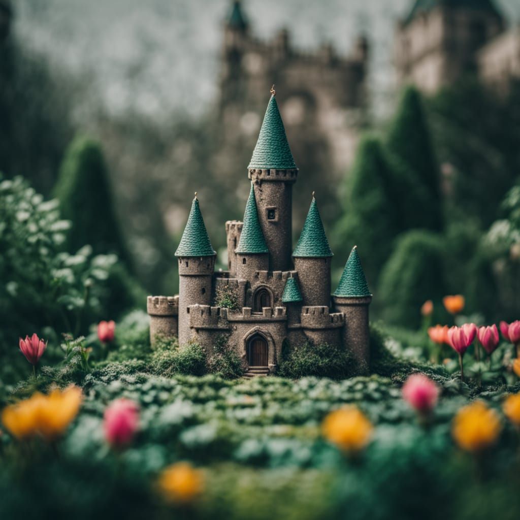 Miniature Castle Amidst Vibrant Emerald Foliage in Cinematic...