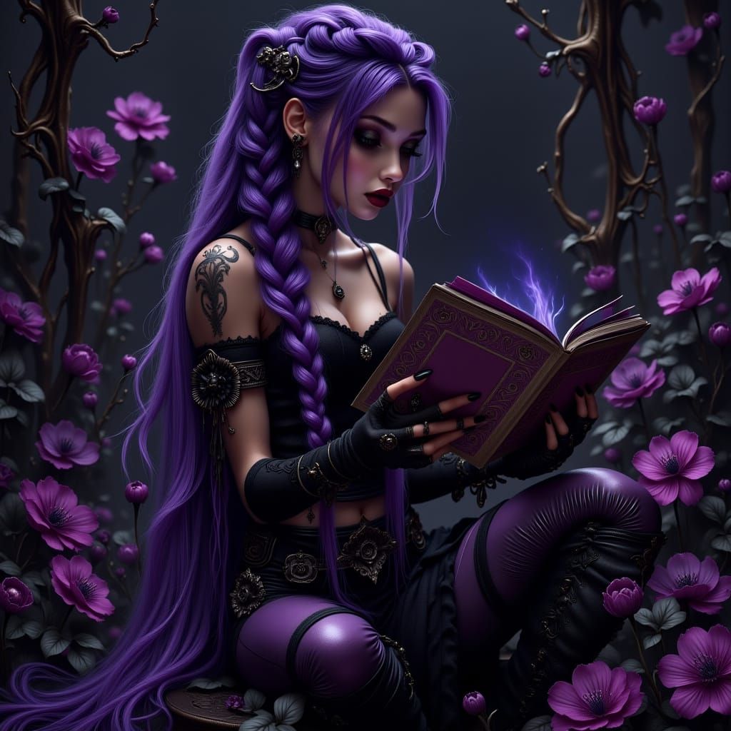 Gothic Woman with Purple Hair Reading