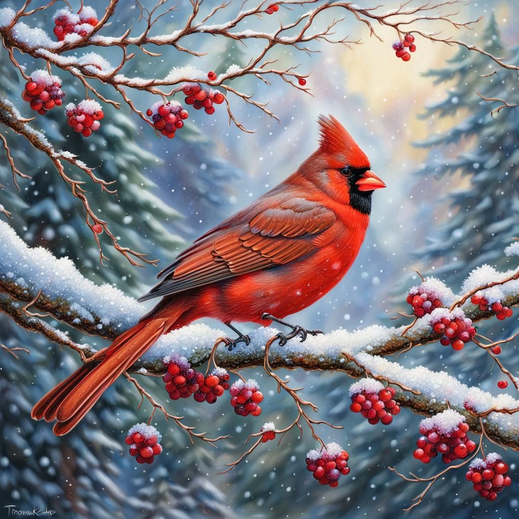 Red Cardinal on Snowy Branch in Kinkade Style