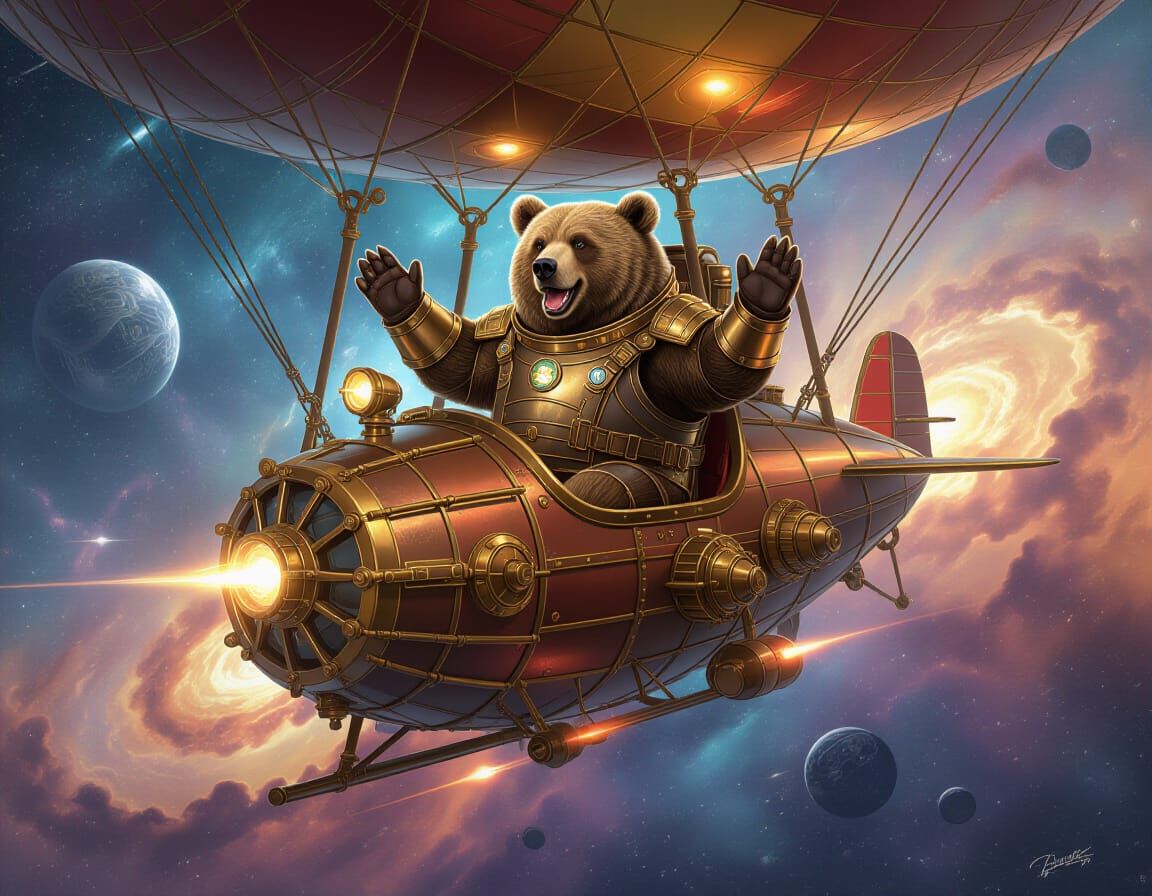 Kodiak Bear Pilots Steampunk Dirigible Through Nebula