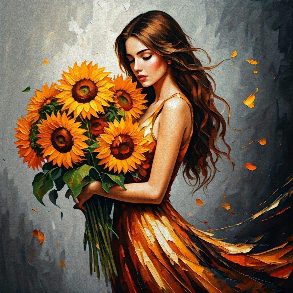 Woman with Sunflowers: Impasto Painting in Abstract Style