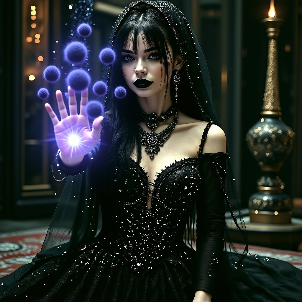 Enchantress Casting a Spell in Dark Chamber