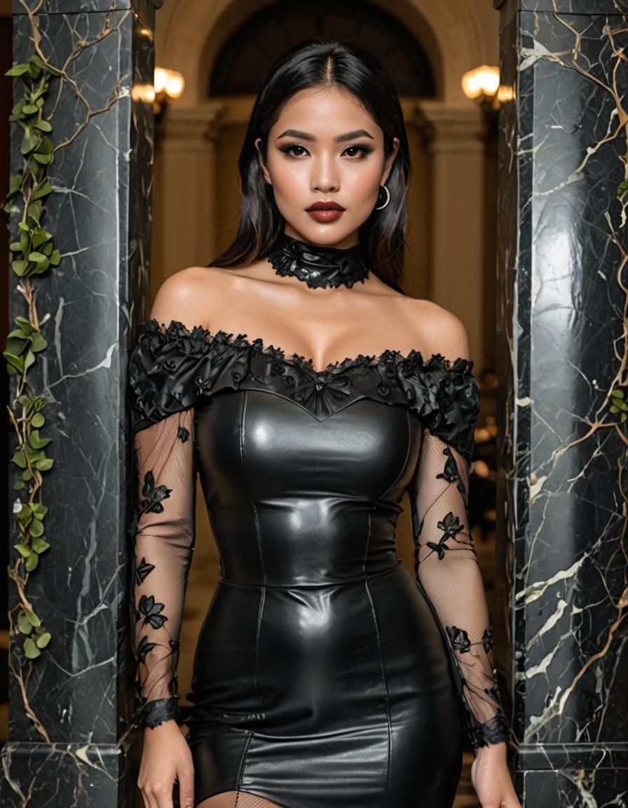 Indonesian Woman in Black Leather Dress Photo