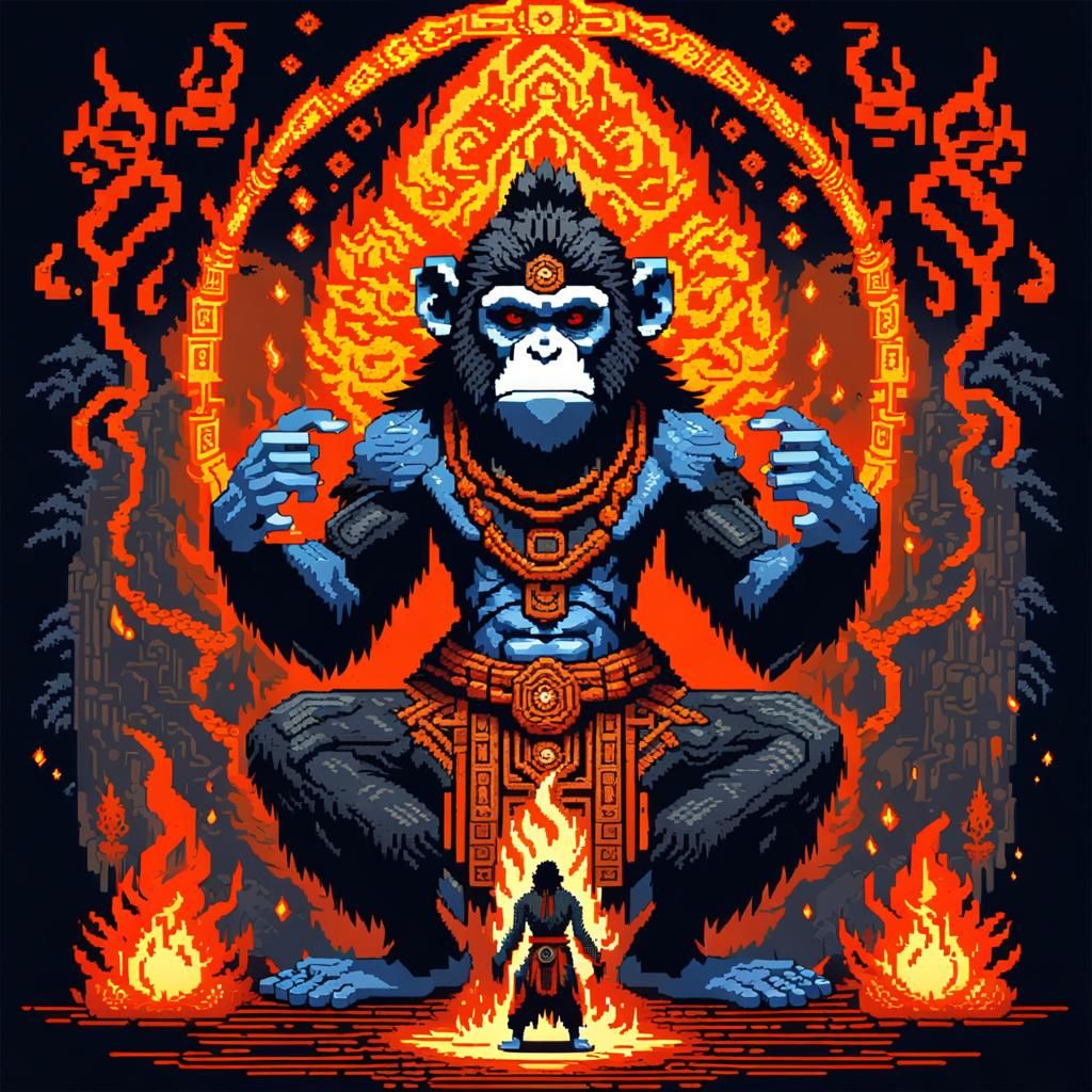 Shaman Summons Monkey Fire Spirit in Pixel Art