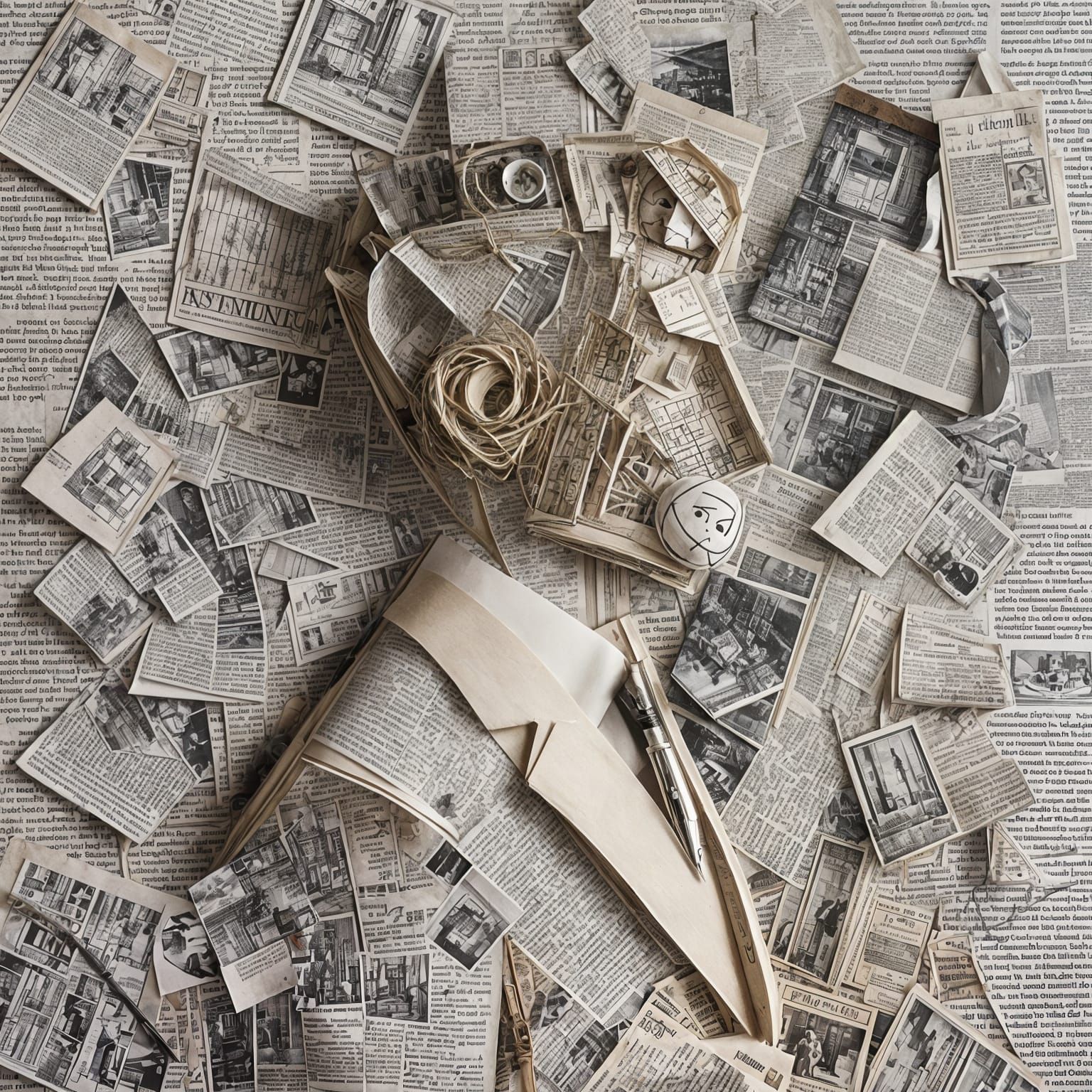 Surreal Collage of Paper Figure Made from Newspaper