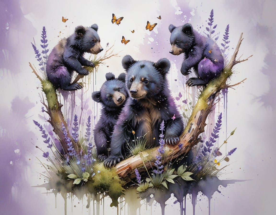 Baby Bears in Lavender Garden Watercolor