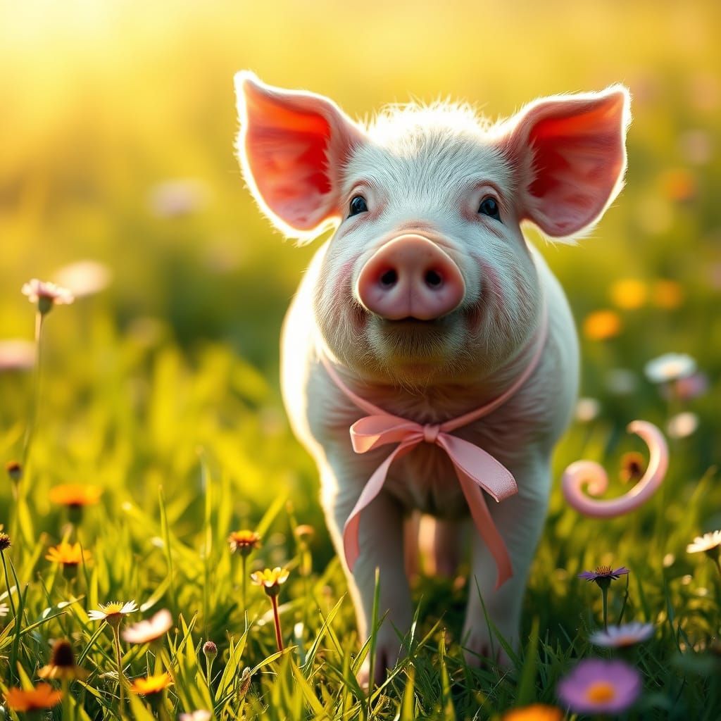 Whimsical Pot-Bellied Pig in a Sun-Dappled Meadow