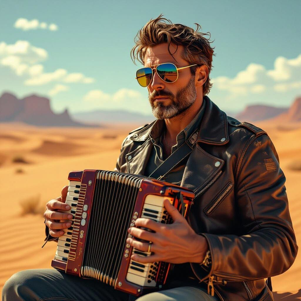 Desert Accordion Player in Retro-Futuristic Style
