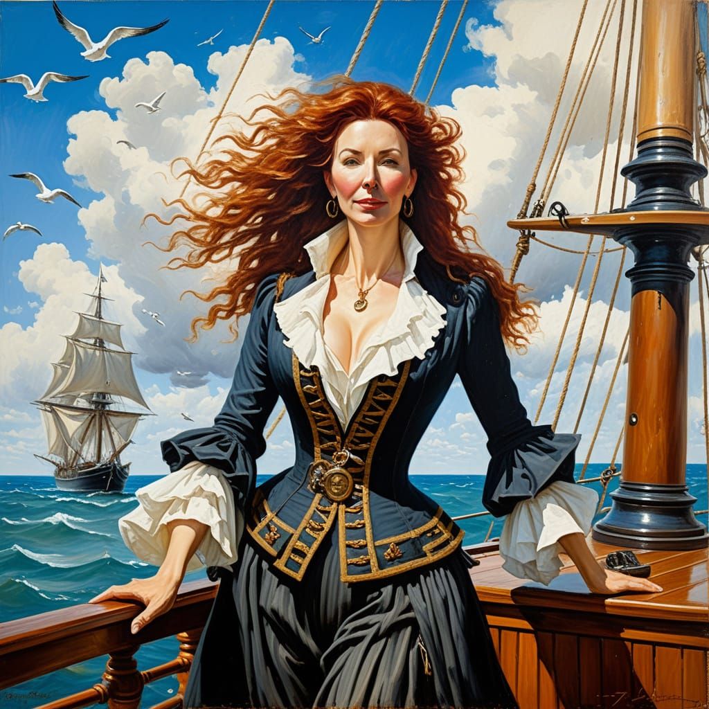 Beautiful Pirate with Flintlock Pistol, Oil Painting Style
