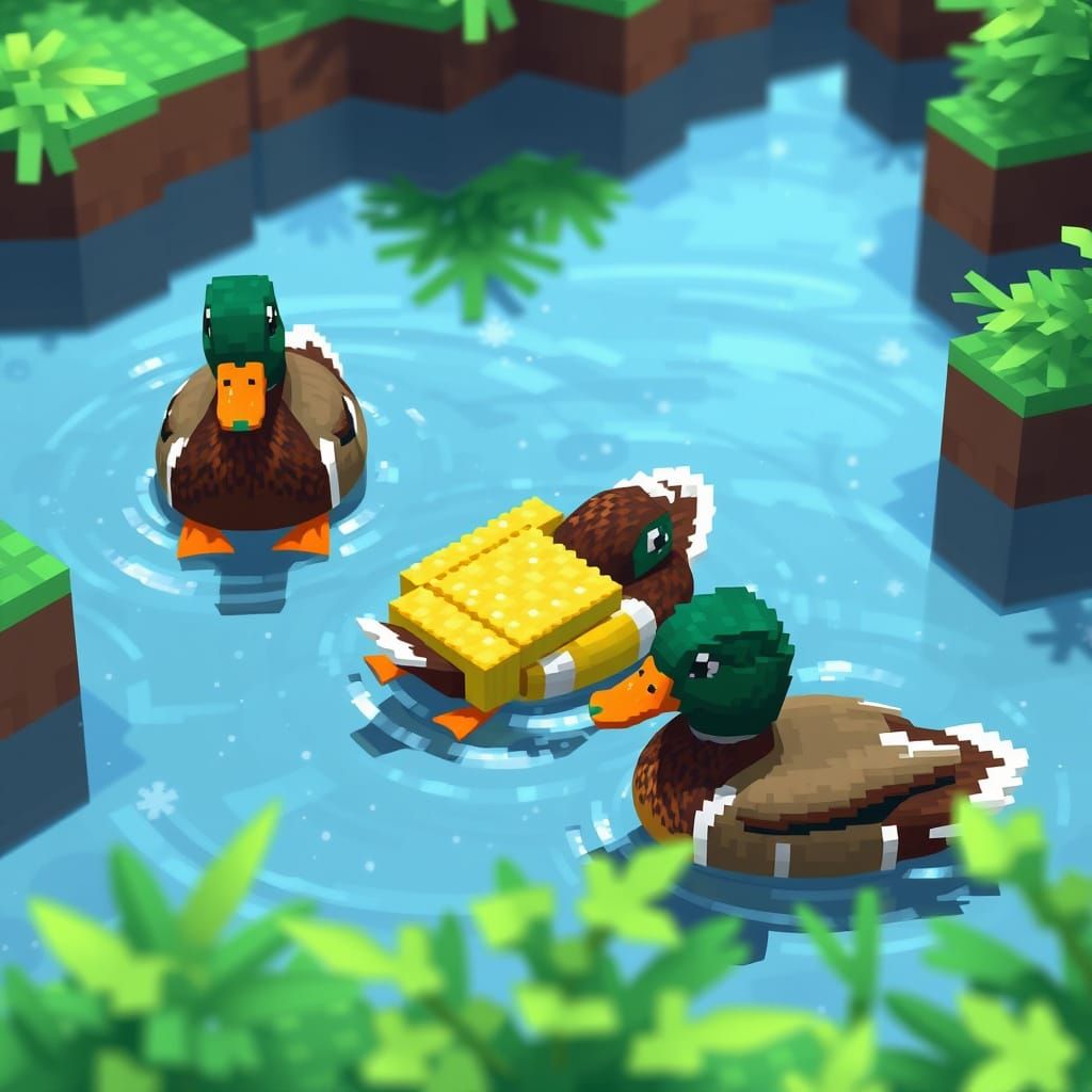 Blocky Mallard Ducks in a Crystal Pond, Nostalgic Minecraft ...