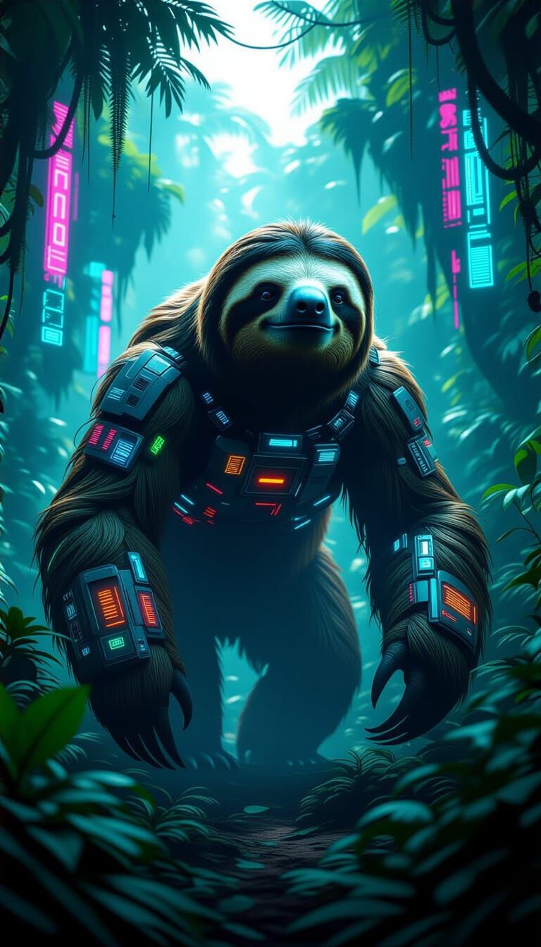 Cybernetic Sloth in Futuristic Jungle