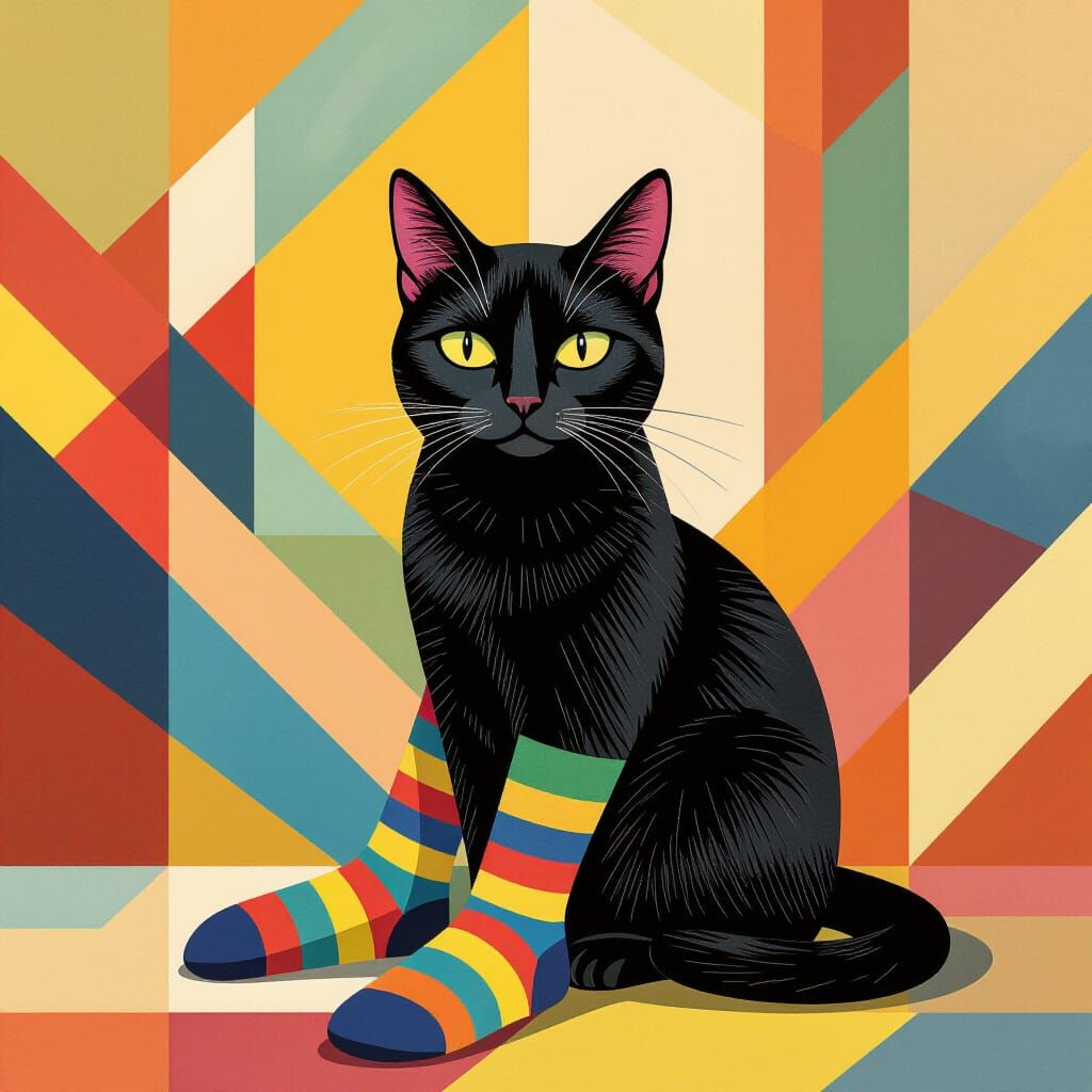 Black Cat in Socks: Neo-Cubist Art Deco Geometry