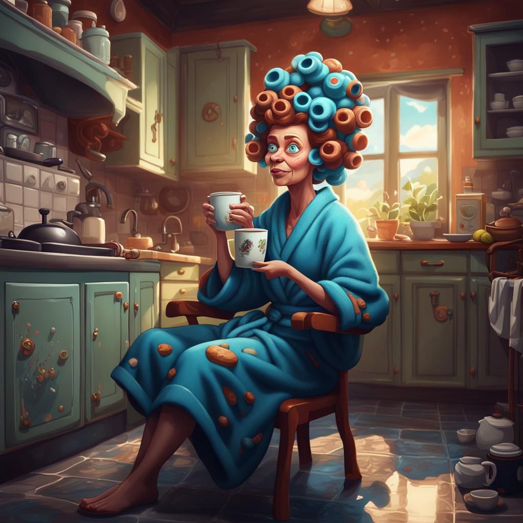 Cartoon Woman in Kitchen with Coffee Cup