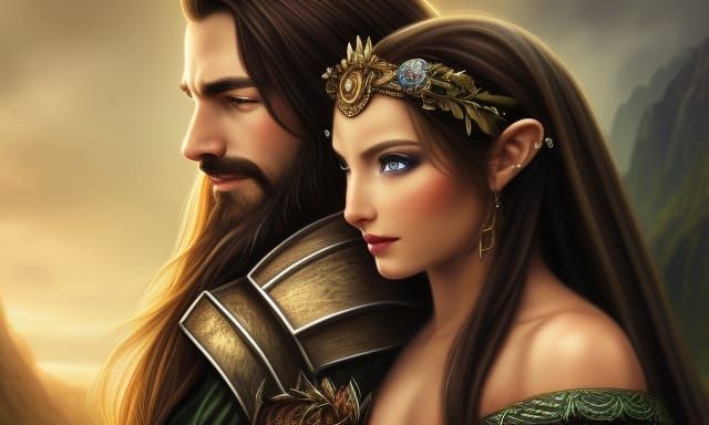 Dwarf and Elf Embrace: Photorealistic Fantasy Portrait