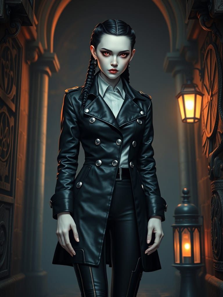 Gothic Albino Police Officer in Dark Futuristic Alleyway