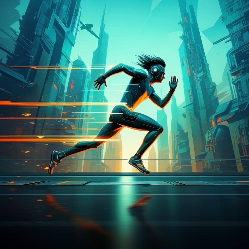 Futurism - Giacomo Balla, dynamic scene of a runner in mid-s...