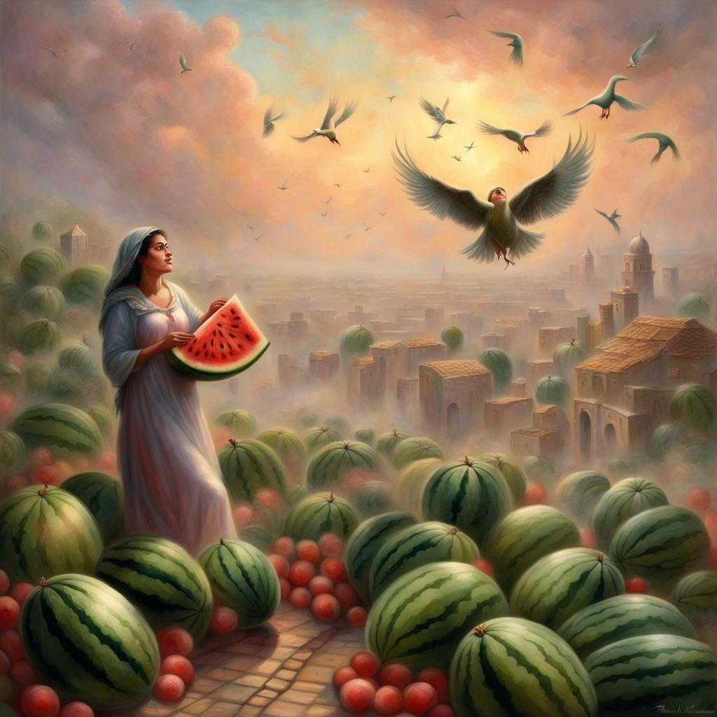 Palestinian Woman with Watermelon in Ethereal Style