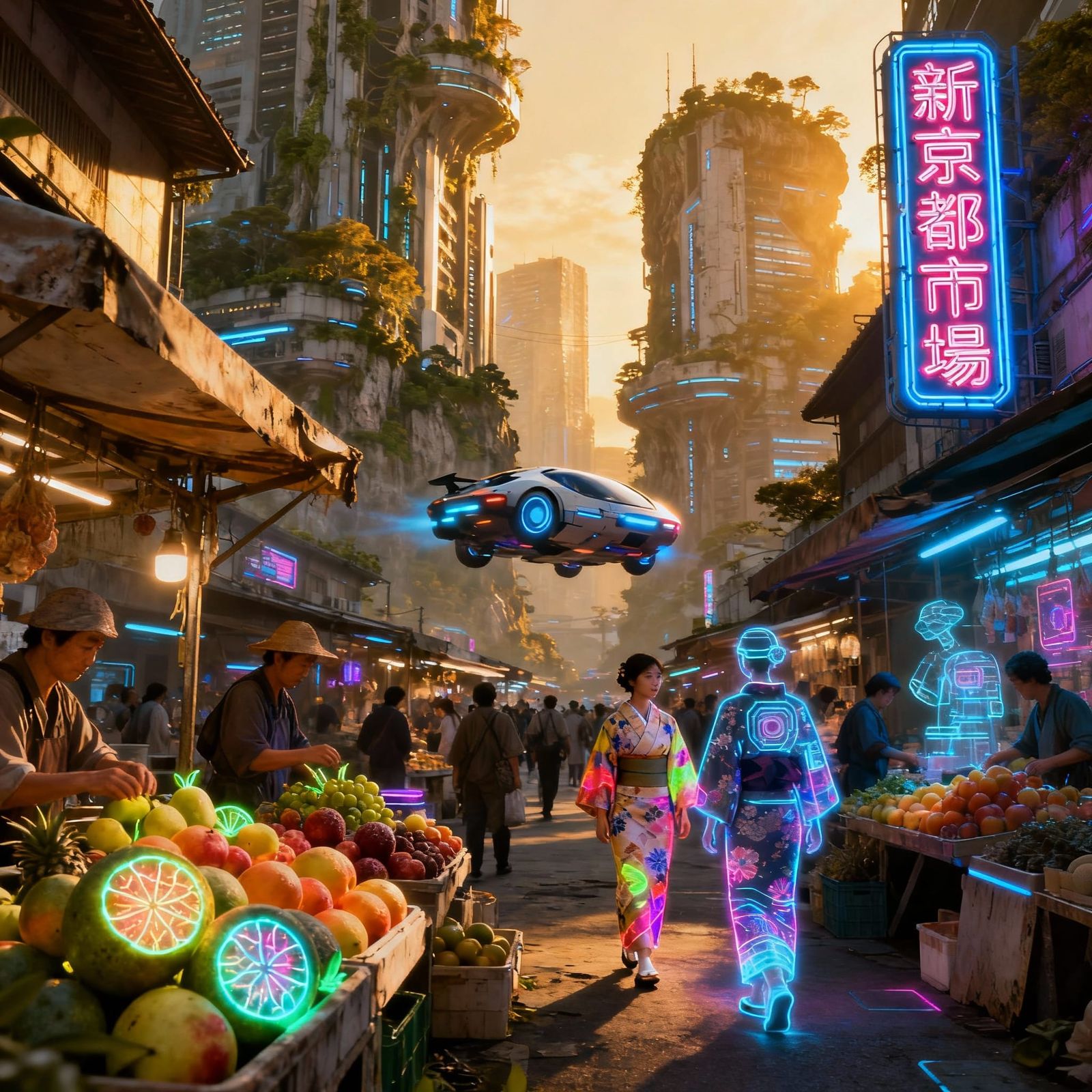 Neo-Kyoto Street Market: Future Fruits & AI Kimonos