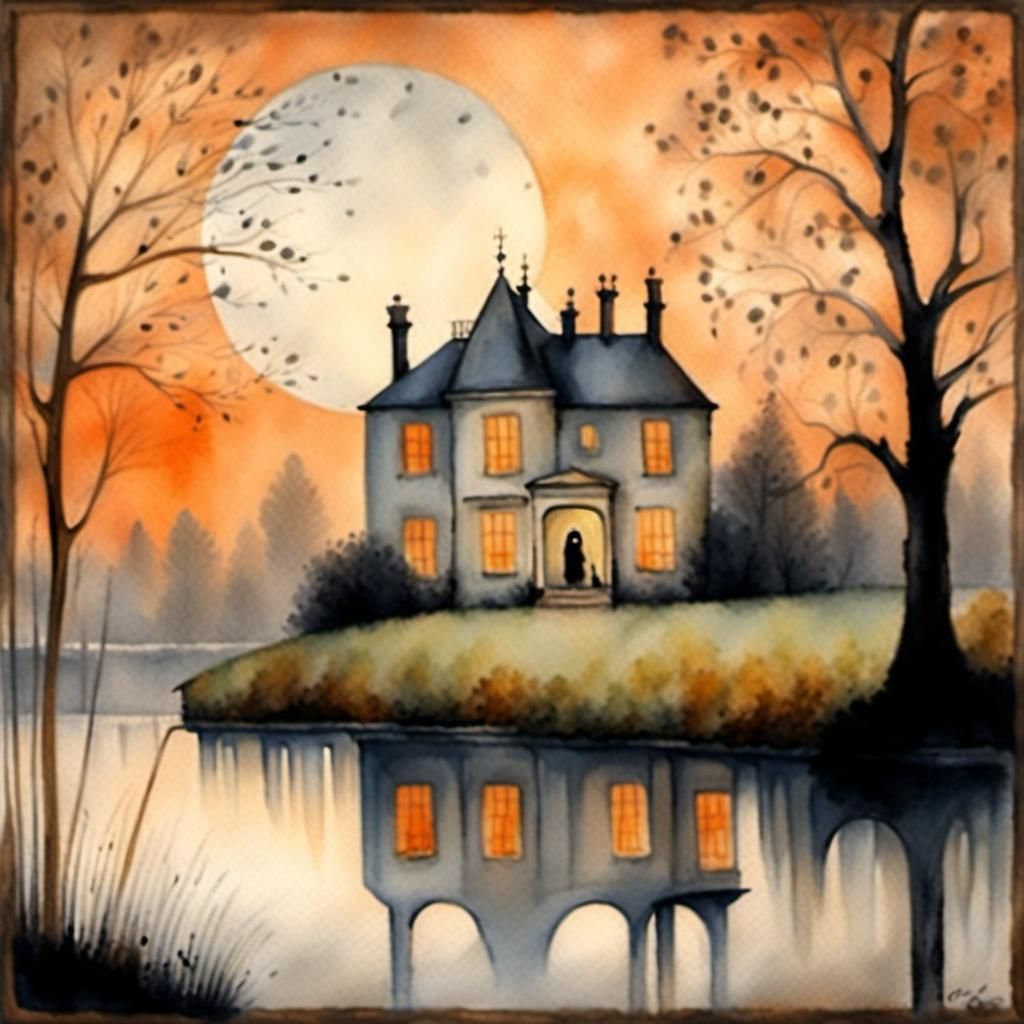 Riverside Villa Watercolour in Misty Evening Light