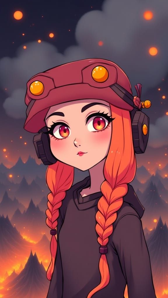 Surreal Anime Portrait of a Lady with a Lava Golem in the Ba...