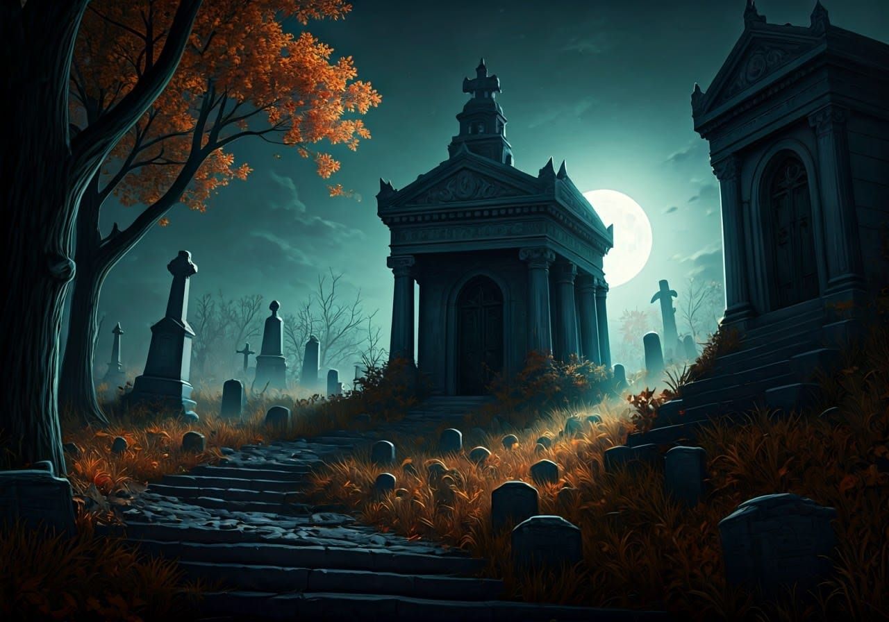 Eerie Mausoleum in Abandoned Cemetery: Matte Painting