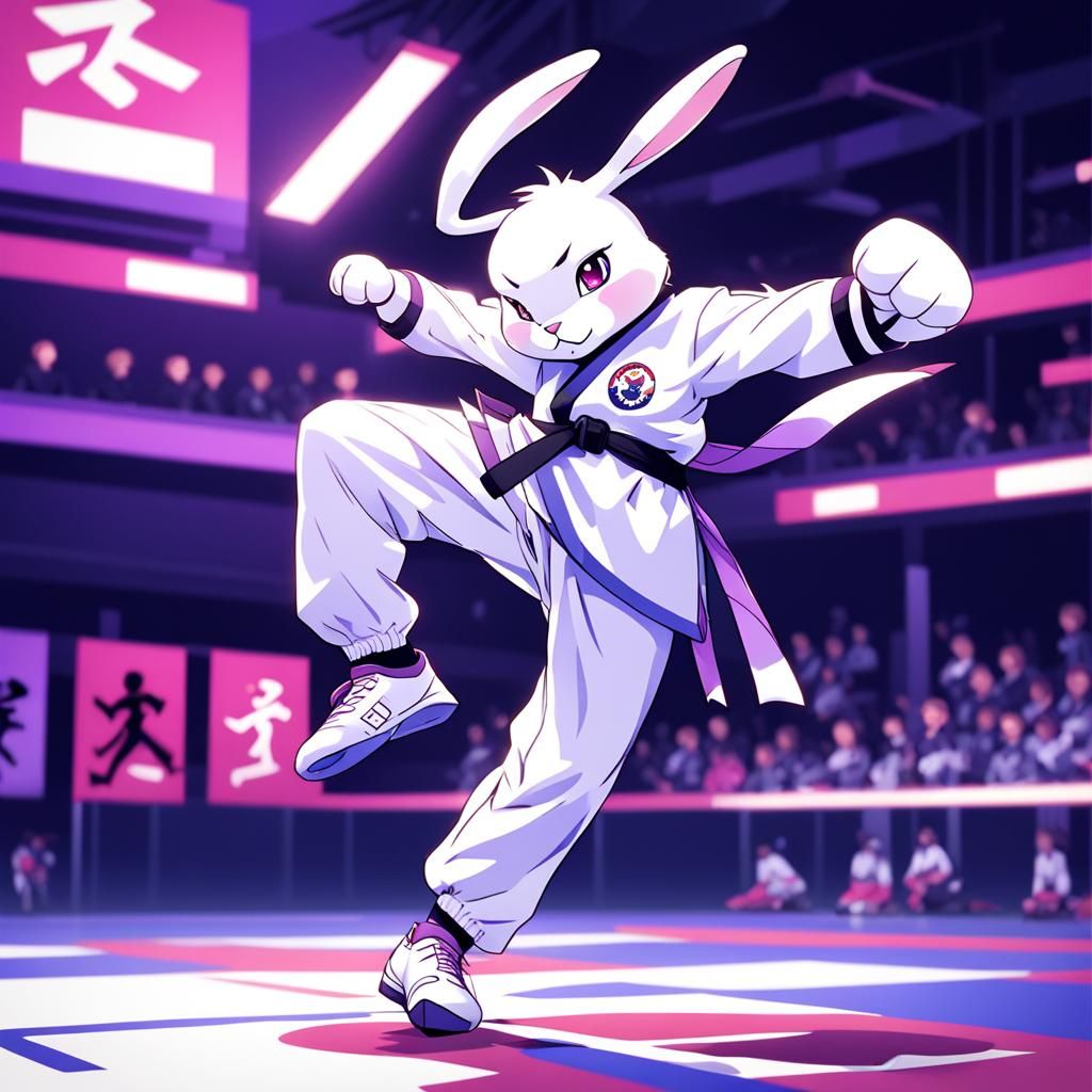 Purple Rabbits Performing Taekwondo in Anime Style