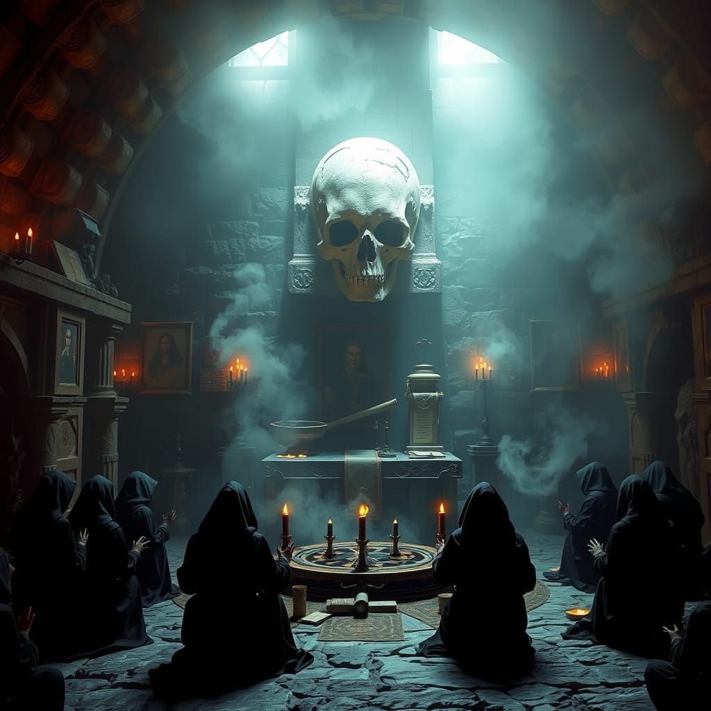 Dark Ritual in Stone Chamber, Surreal Art