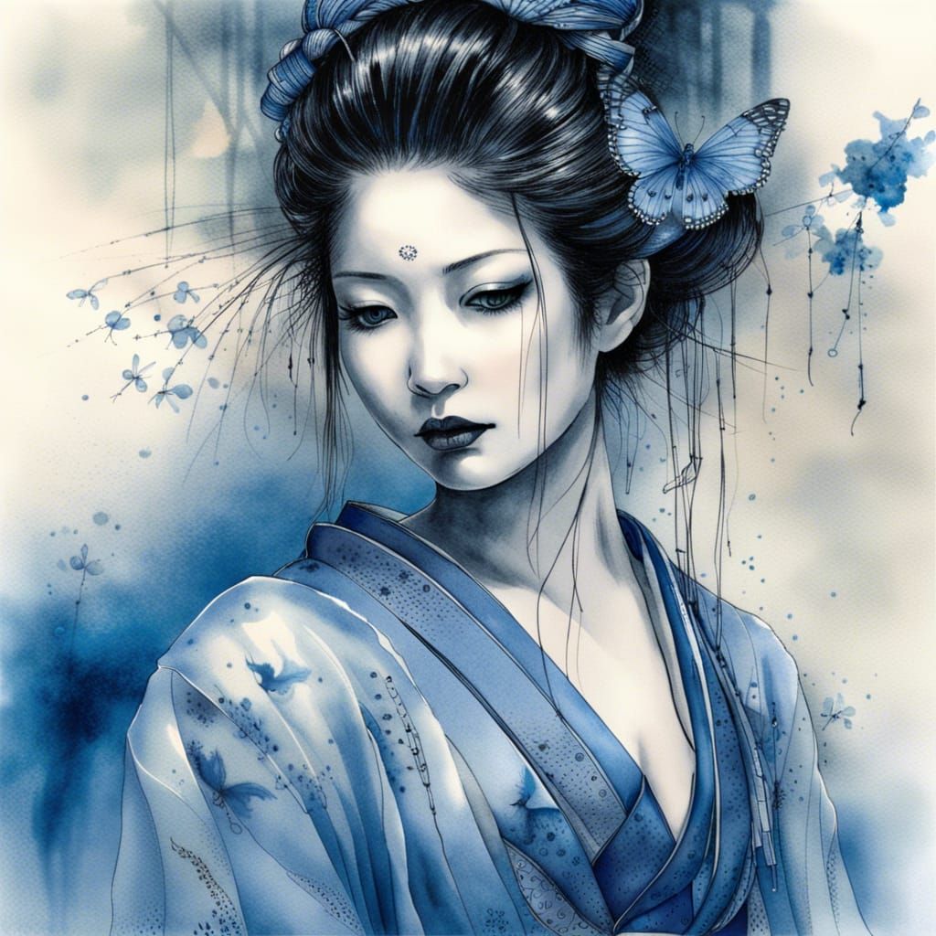 Geisha in Blue Kimono with Moths, Watercolor Style