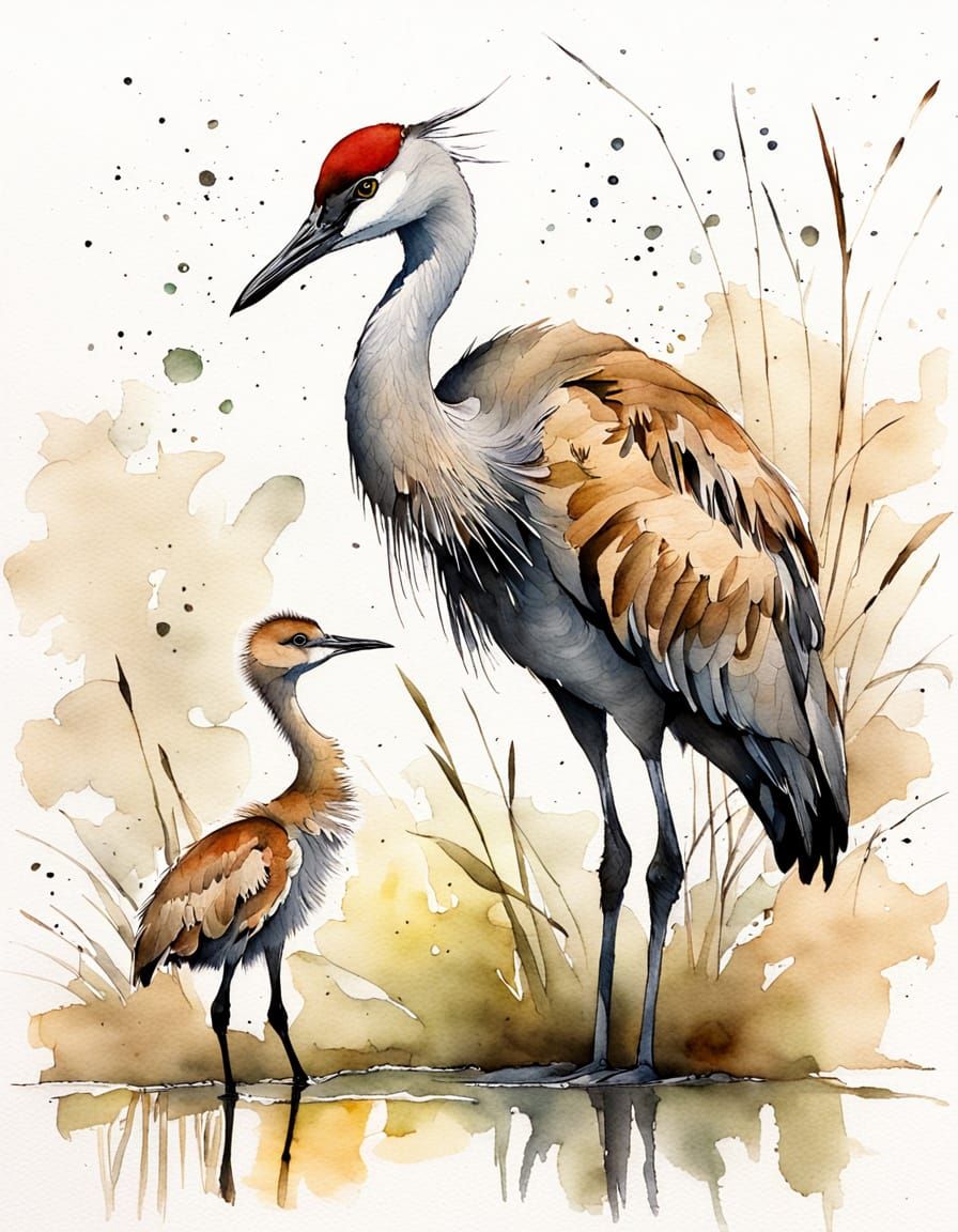 Abstract Sandhill Crane Female and Baby in Ink and Watercolo...