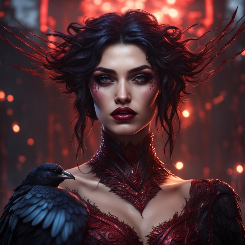 Enchanting Woman with Ruby Lips and Raven Hair