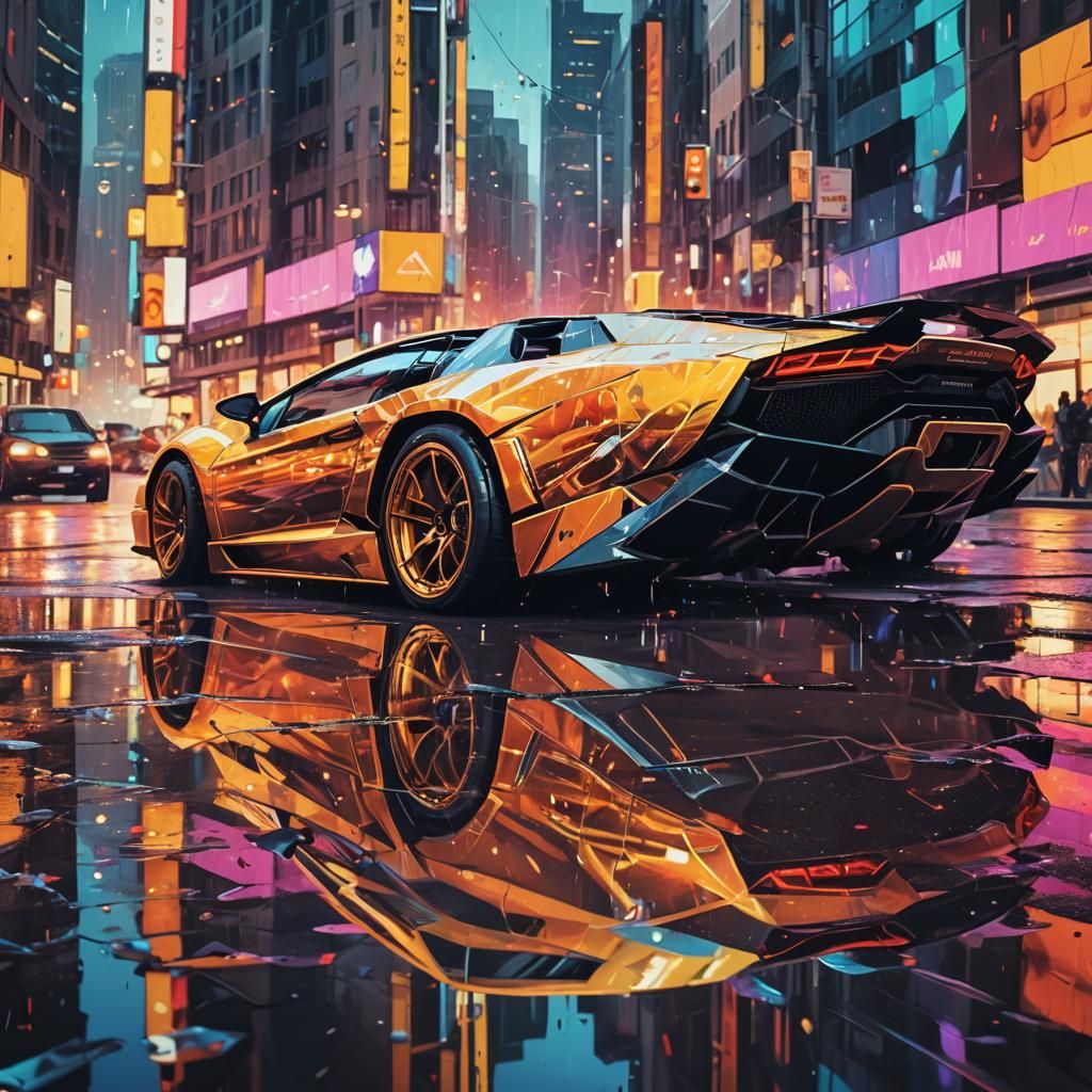 Lamborghini in Neo-Futuristic Cityscape: Vaporwave Digital A...