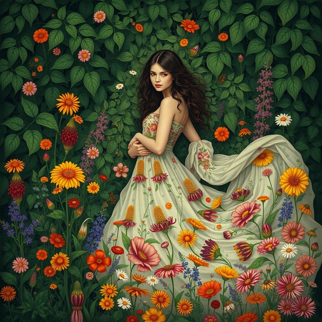 Woman in Floral Dress, Art Nouveau Style