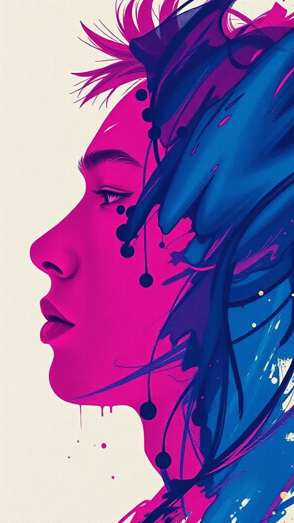 Expressive Cyan and Magenta Portrait in Textured Brushstroke...