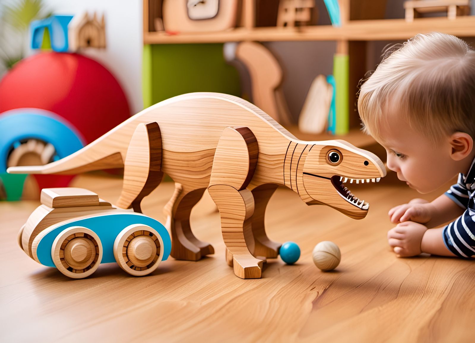 Children Play With Wooden Dinosaur Toy