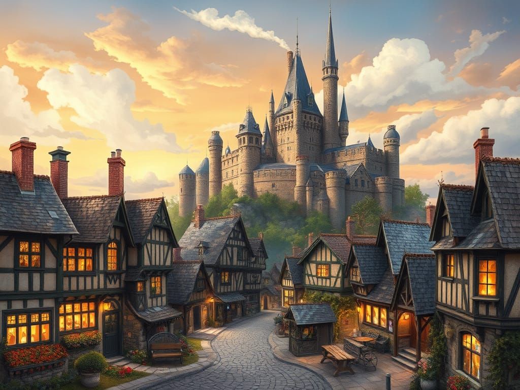 Enchanted Village Under Sunset Skies
