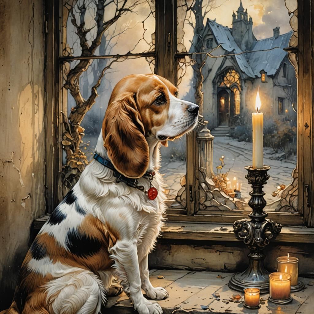 Beagle Gazing Out Window in Arthur Rackham Style