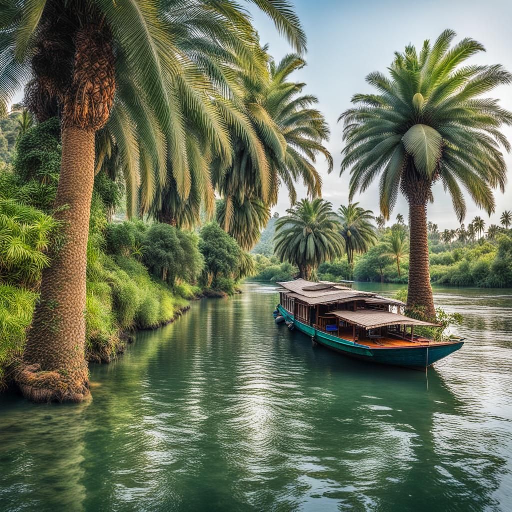 Palm Trees and Boat on Tropical River