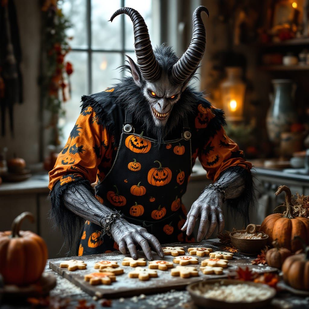 Krampus Baking Halloween Sugar Cookies in Gothic Kitchen
