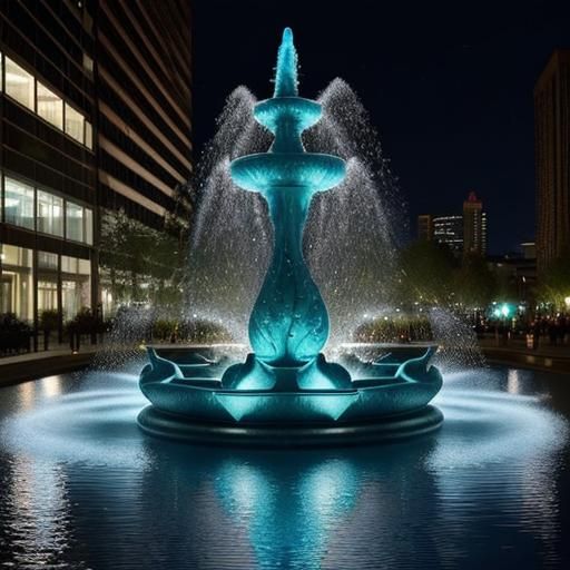 Illuminated Water Sculpture Fountain at Night