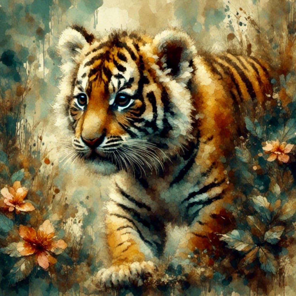 Adorable Tiger Cub Prowling in Jungle, Watercolor Style
