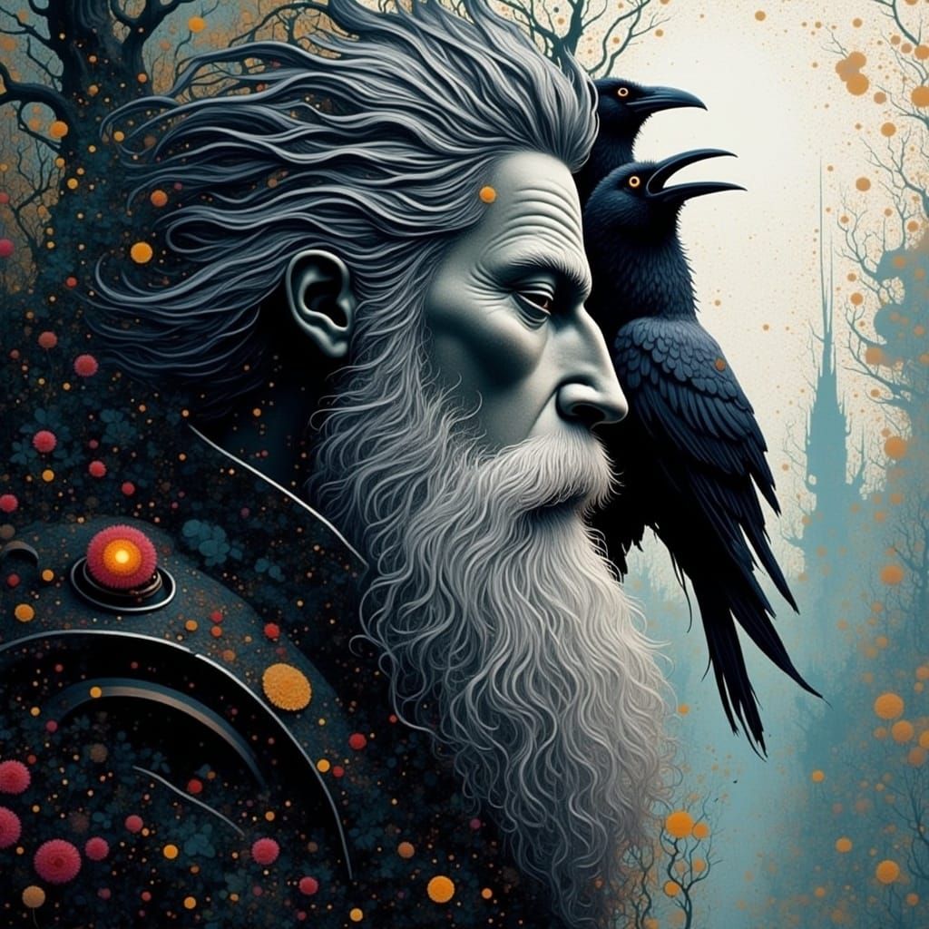Odin with Huginn and Muninn Close-Up