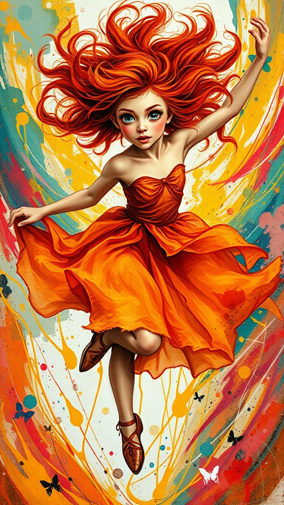 A fiery redhead dancer with wild, curly locks, wide open blue-green piercing eyes and flowing clothing, twirling and lea...