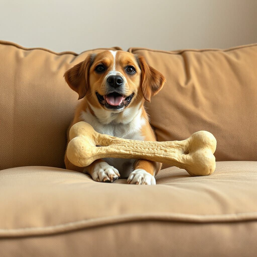 Cute Dog on Sofa with Bone