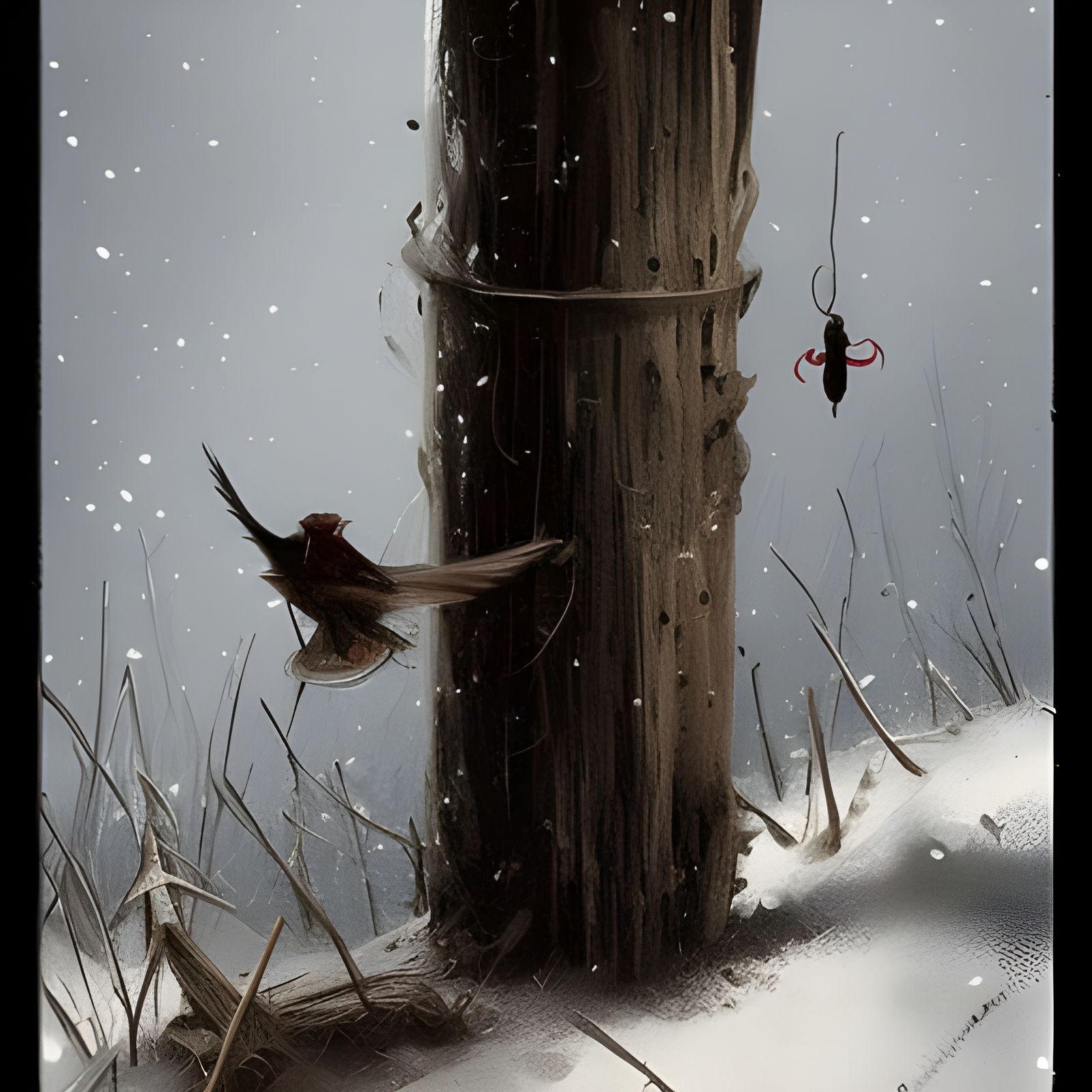 Sinister Bird and Bug by Fence Post