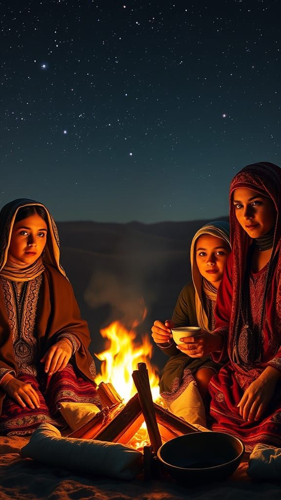 Berber Woman by Desert Campfire in Traditional Clothing