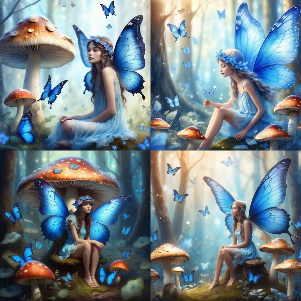 Whimsical Fairy Under Mushroom with Butterflies